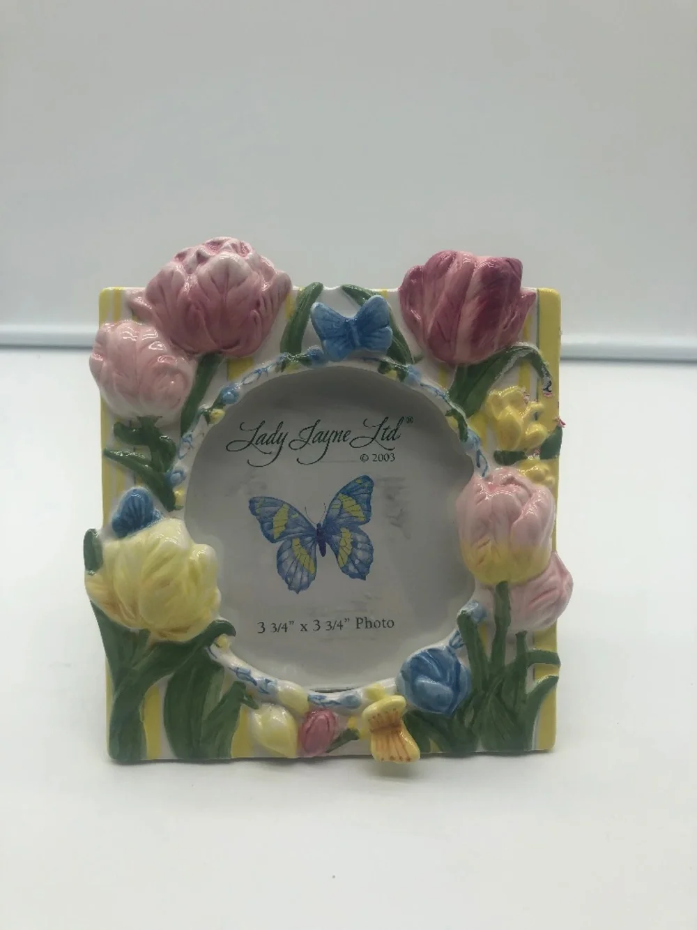 Lady Jayne Ltd. 2003 square photo frame roses, butterflies ceramic 3 3/4x3 3/4